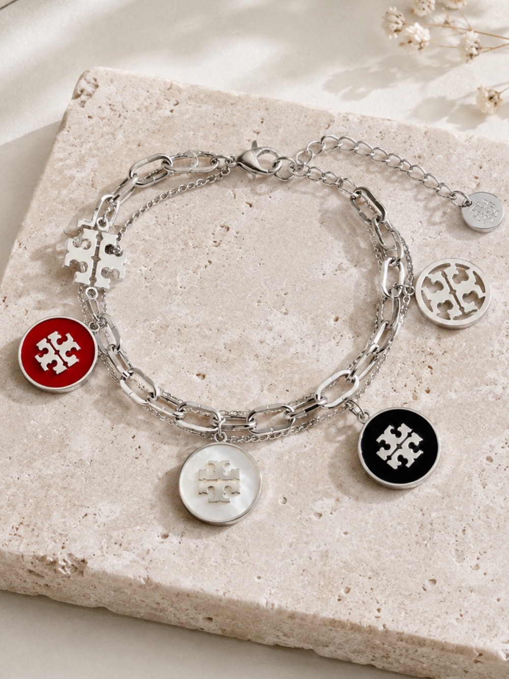 Tory Burch Silver Chain Bracelet with Red, White & Black Enamel Charms